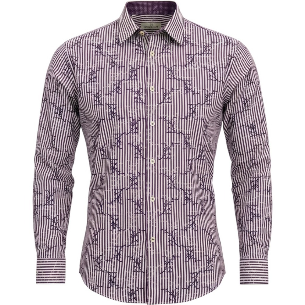 Bugatchi Uomo Men Large Purple White Striped Floral Embroidered Shaped Fit Shirt